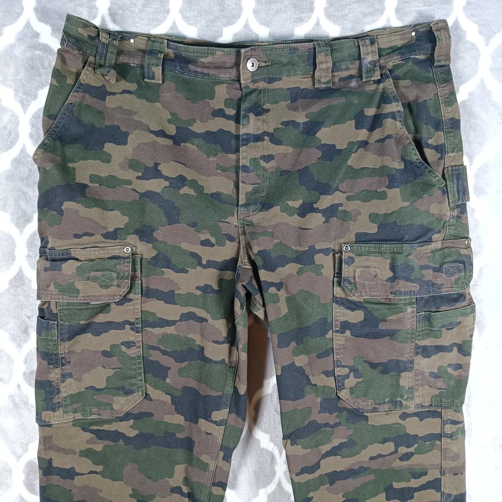 Duluth Trading Co Flex Firehose Pants Mens 42x28 Green Cargo Camo Relaxed Fit